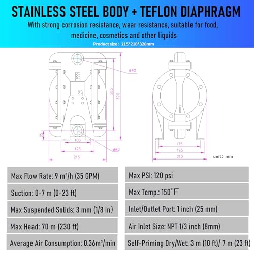 Bomba neumática de doble diafragma de 1 pulgada de entrada/salida Bomba de transferencia de aceite residual neumática para química DN25 35GPM Dual Diafragma Teflon por aleación de aluminio 115 PSI