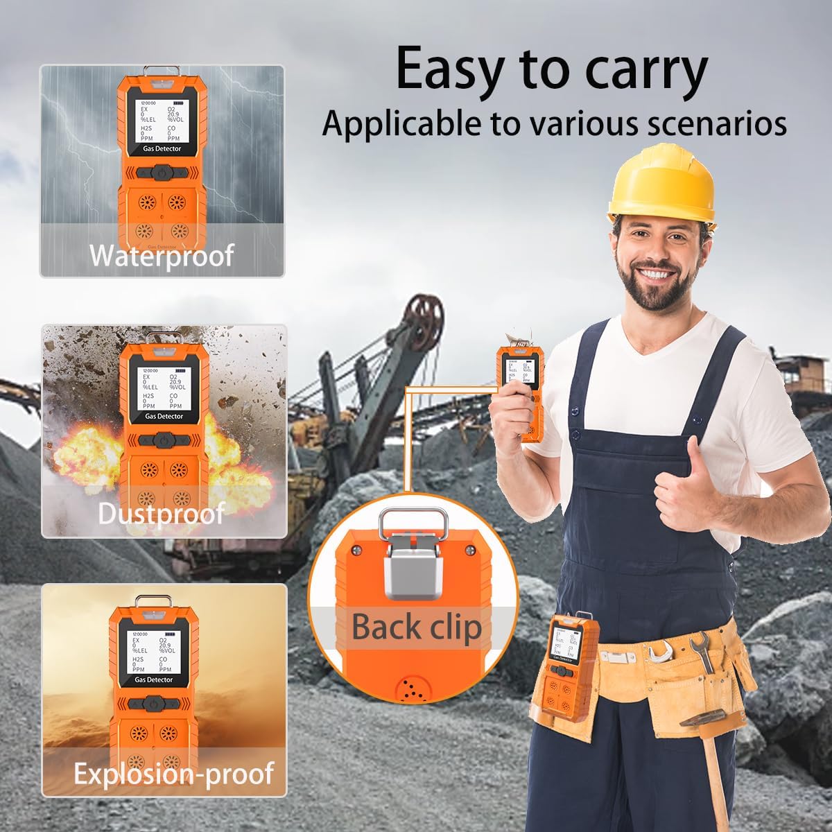 Detector de 4 gases, 4 monitores de gas portátil Detector de gas múltiple H2S, O2, CO y EX Pantalla LCD recargable Monitor H2s, sensor de calidad, medidor de gas de 13.1 ft (negro)