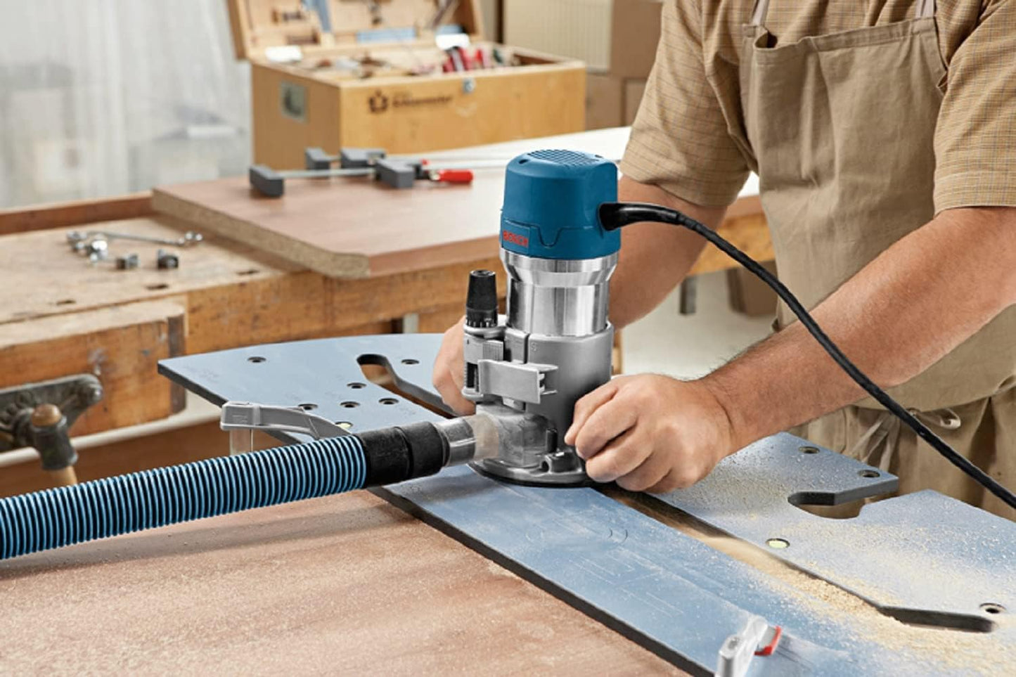 BOSCH 1617EVSPK - Kit combinado de herramientas de enrutador de madera de 12 amperios - Enrutador de inmersión de 2.25 caballos de fuerza y base fija con una velocidad variable