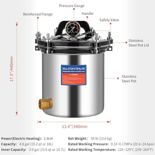 Bote de presión eléctrico de 18 litros de acero inoxidable de 19 cuartos de galón portátil para cultivo de hongos, conservas de tarro de 1.2 KW 110 V