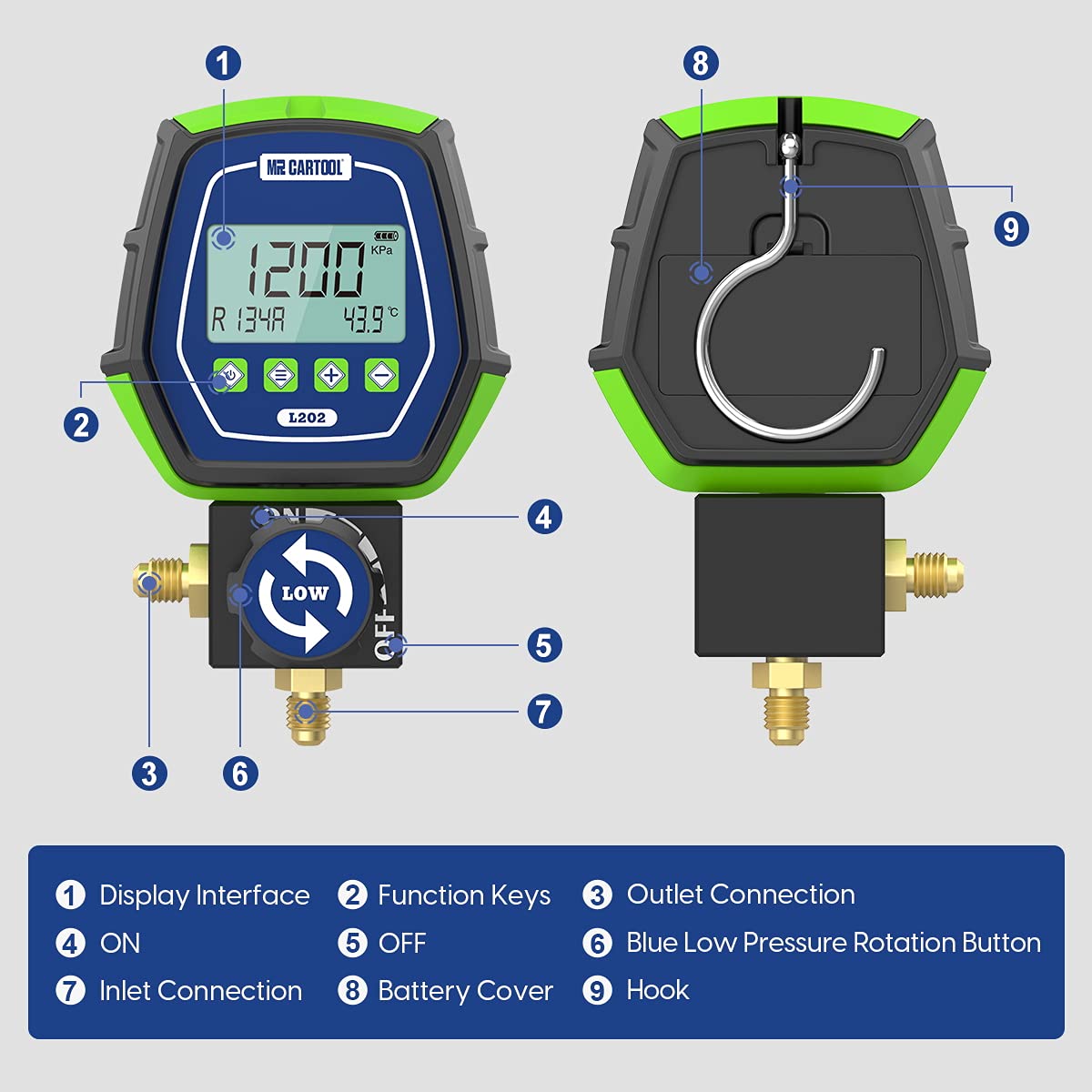 MR CARTOOL L302 - Juego de medidores digitales de 2 válvulas, sistemas refrigerantes HVAC, herramienta de comprobador de presión de fugas con 3 mangueras para aire acondicionado, refrigeración y