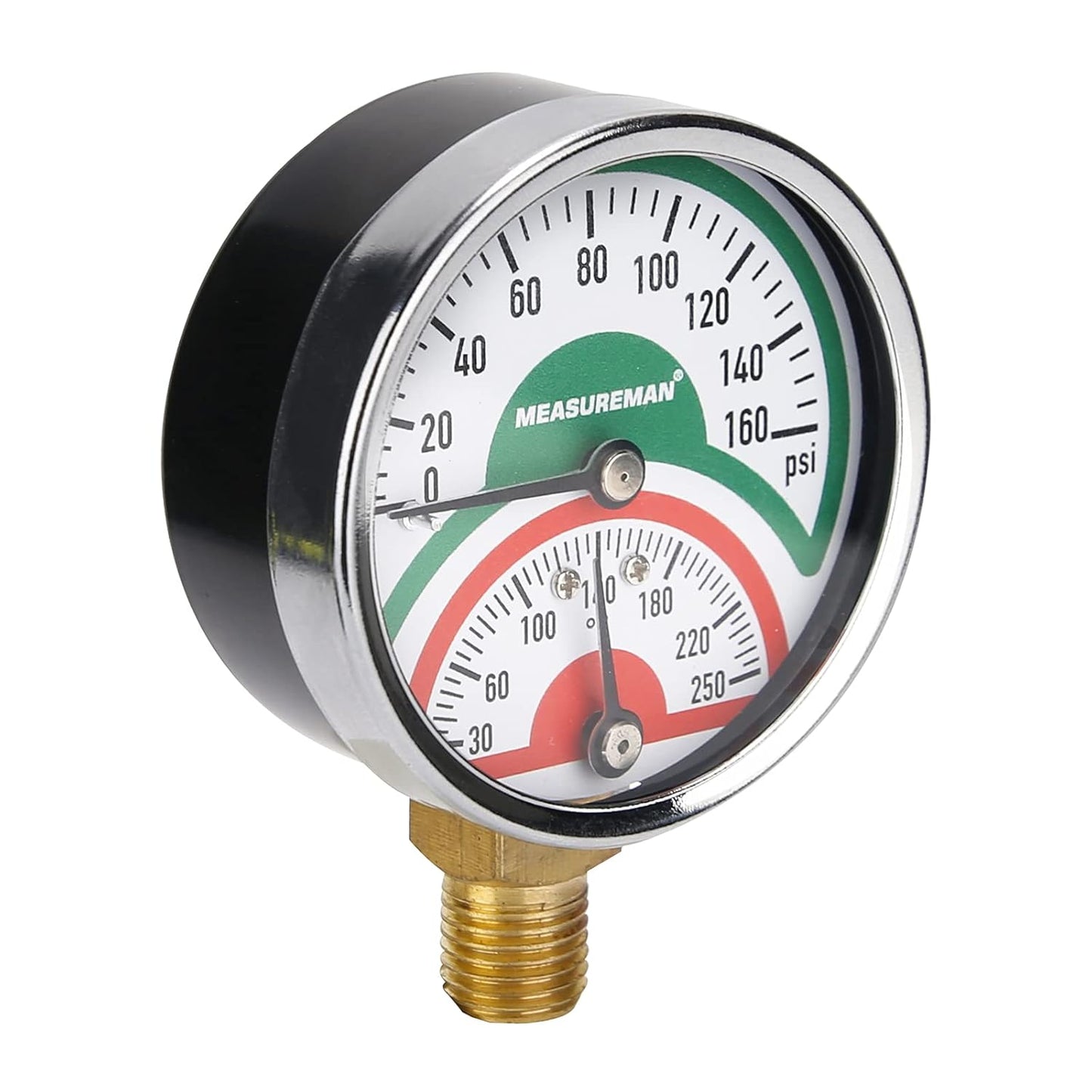 Measureman Tridicador, termo-manómetro, 2-1/2 pulgadas, relleno de aceite de silicona, 0-160 psi/30-250 grados F, caja de acero inoxidable, medidor de presión de montaje inferior NPT de 1/4 pulgadas