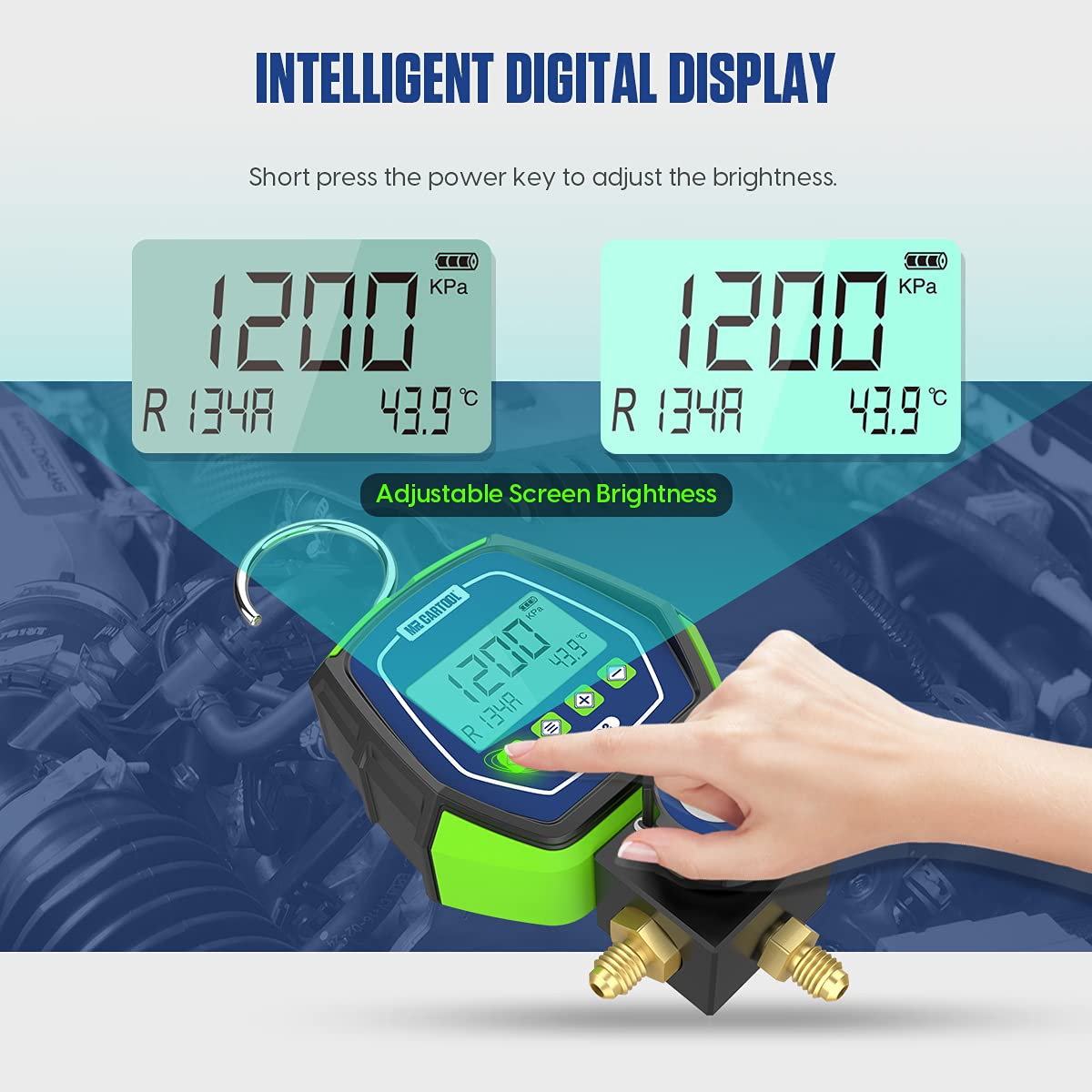 MR CARTOOL L302 - Juego de medidores digitales de 2 válvulas, sistemas refrigerantes HVAC, herramienta de comprobador de presión de fugas con 3 mangueras para aire acondicionado, refrigeración y
