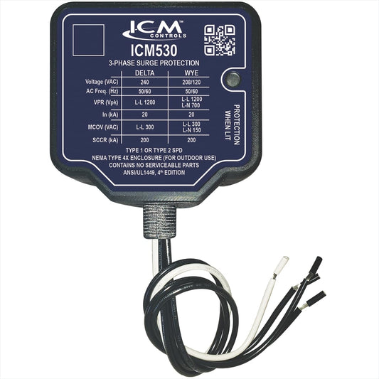 ICM530 trifásico Tipo I/II SPD; NEMA Tipo 4X Caja de plástico impermeable con conexión de conducto de 3/4" y LED de estado; 240VAC Delta o 120/208 VCA Wye Config. SCCR: 200 kA, listado UL