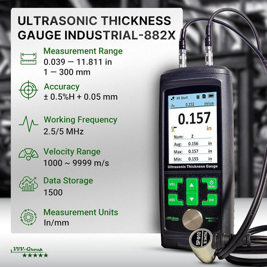 Medidor de espesor ultrasónico industrial-882X / acero, metales, plástico, vidrio, PVC, tuberías Medidor de espesor - Rango 0.039 a 11.811 pulgadas (0.039-11.811 in) | LCD a color (todo material)