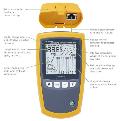 Fluke Networks MS-POE-KIT MicroScanner Copper Cable Verifier & PoE tester for RJ-rt Category 5-6A Ethernet Cables, Includes IntelliTone Pro 200 & Remote ID Kit