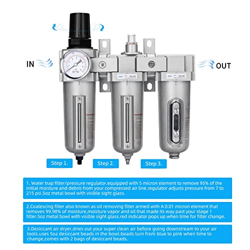 NANPU Sistema de secado de aire NPT de grado industrial de 3 etapas, filtro de partículas, filtro coalescente, secador desecante y regulador de aire, cuenco de metal, drenaje automático, apto para spray de pintura y cortador de plasma FRPD44-D