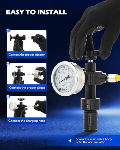 Orion Motor Tech Kit de carga de acumulador de nitrógeno hidráulico, kit de llenado de nitrógeno con 3 indicadores 1300 3500 5500 psi, 6 adaptadores, manguera de gas y cuerpo de válvula principal, kit