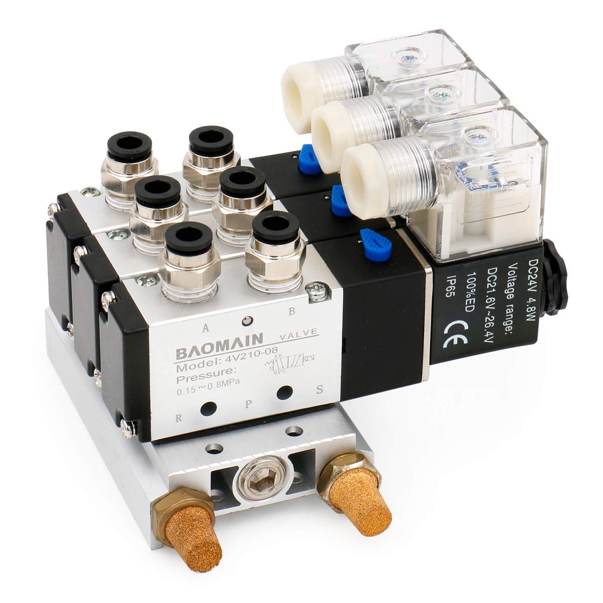 Baomain Válvula solenoide neumática 4V210-08 DC 24V 3 espacio 2 posiciones 5 vías triple silenciadores Quick Fittings Base Set. 4V210-08 -3p 24VDC