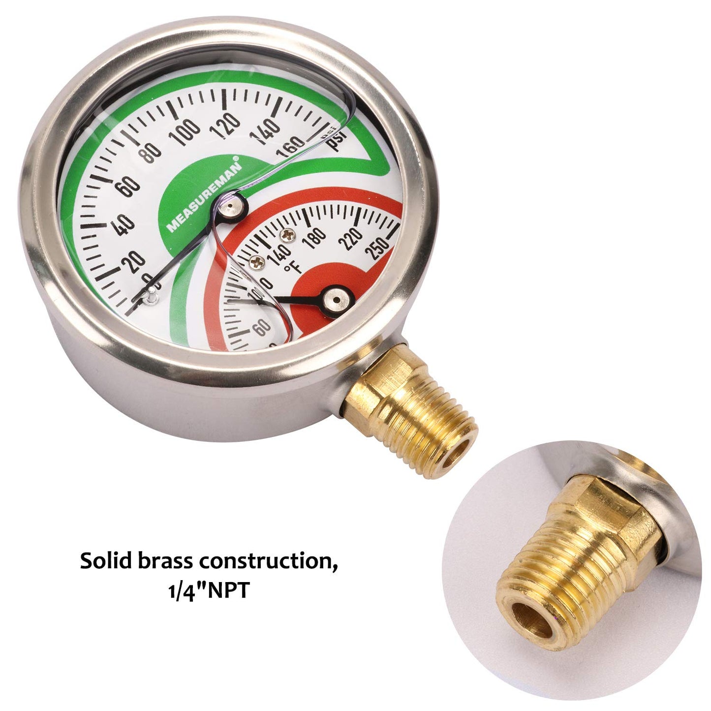 Measureman Tridicador, termo-manómetro, 2-1/2 pulgadas, relleno de aceite de silicona, 0-160 psi/30-250 grados F, caja de acero inoxidable, medidor de presión de montaje inferior NPT de 1/4 pulgadas