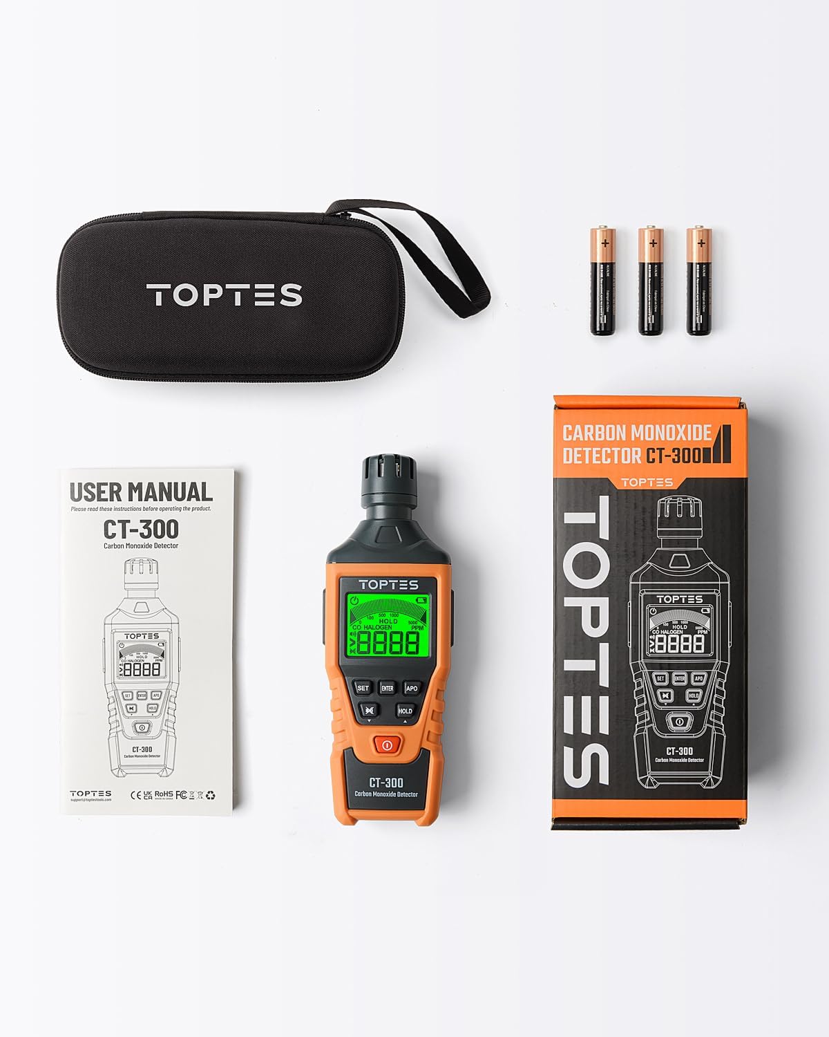 CT-300 Detector de monóxido de carbono portátil, detector de CO con alarma audible y visual, 0-5000PPM, alarma de CO, pantalla LCD retroiluminada, para el hogar, automóvil, campamento y viajes