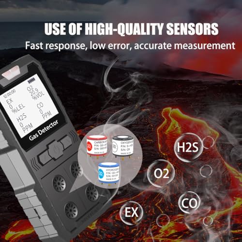 Detector de 4 gases, 4 monitores de gas portátil Detector de gas múltiple H2S, O2, CO y EX Pantalla LCD recargable Monitor H2s, sensor de calidad, medidor de gas de 13.1 ft (negro)