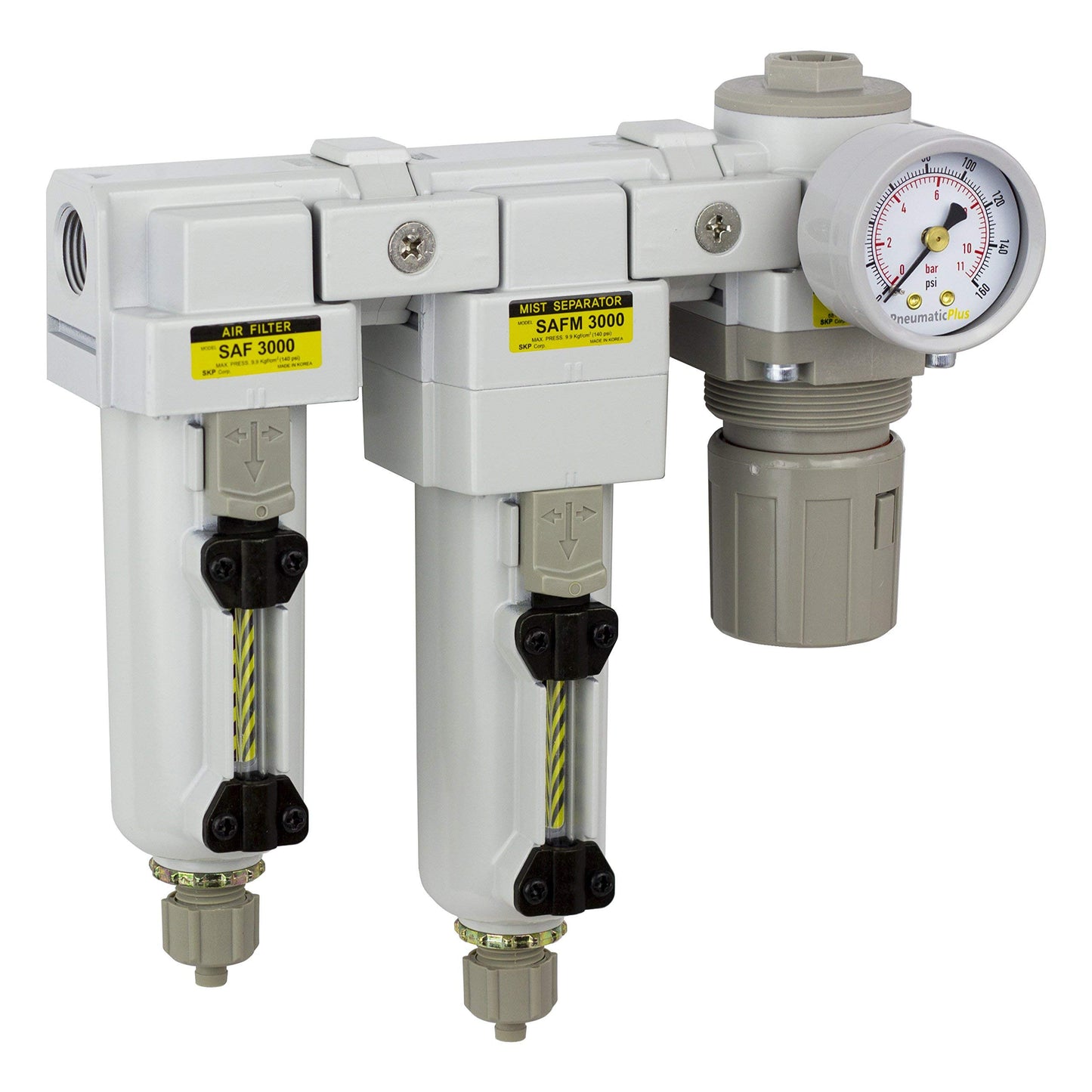 PneumaticPlus SAU3030M-N03G-MEP Sistema de secado de aire de tres etapas – Filtro de partículas de aire, filtro de coalescencia de 0,3 micrones y regulador de presión de aire Combo modular de 3/8 pulgadas NPT – drenaje manual, cuenco de metal