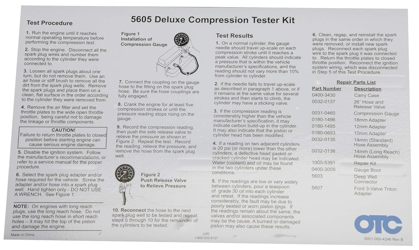 OTC 5605 Deluxe Kit de probador de compresión con Estuche de Transporte para Motores de Gasolina