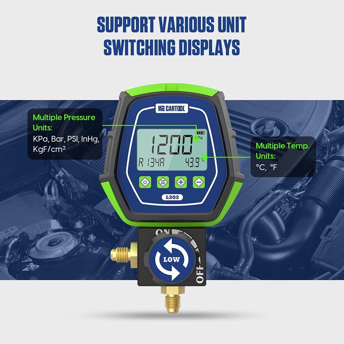 MR CARTOOL L302 - Juego de medidores digitales de 2 válvulas, sistemas refrigerantes HVAC, herramienta de comprobador de presión de fugas con 3 mangueras para aire acondicionado, refrigeración y