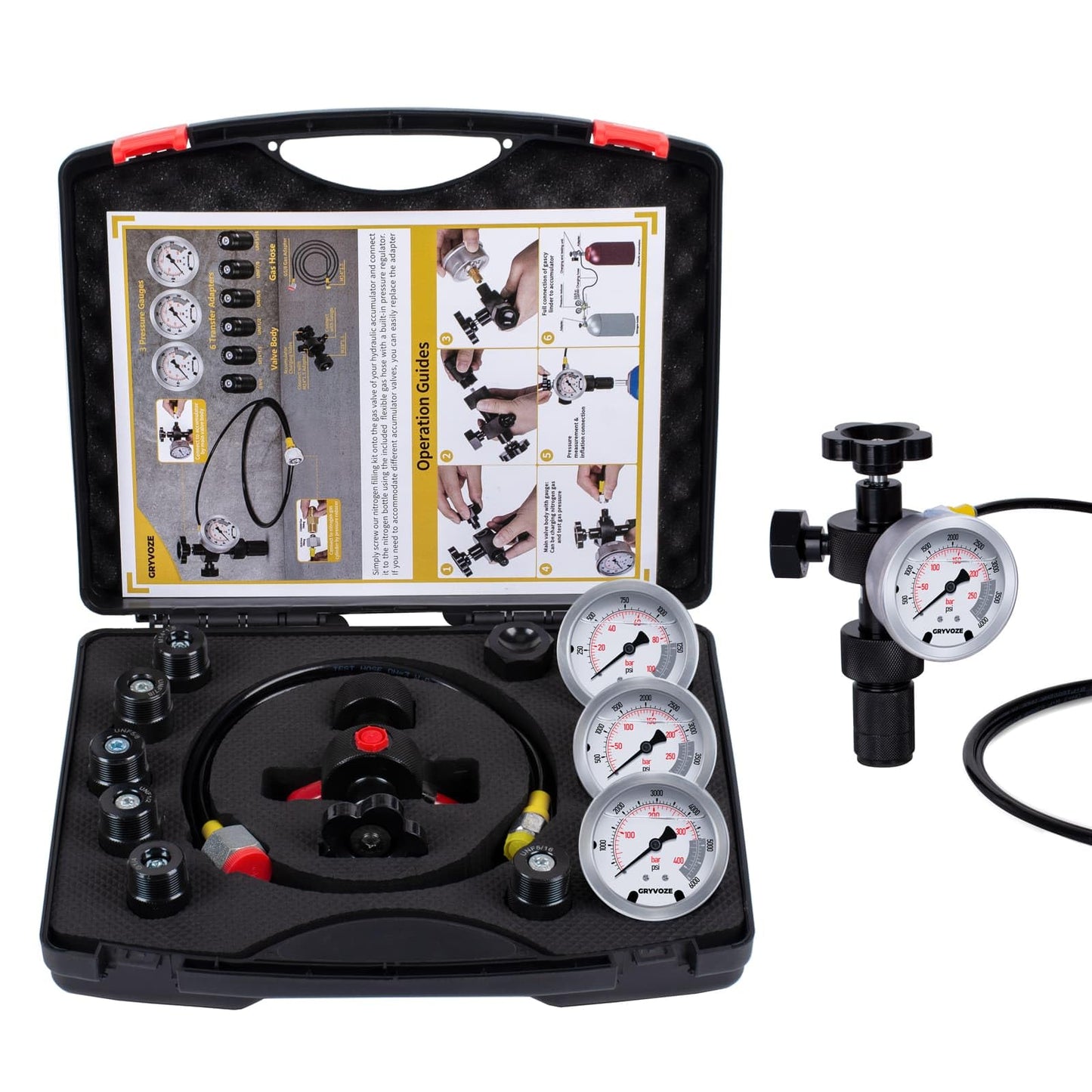 Kit de carga de acumulador de nitrógeno hidráulico con 3 medidores de prueba de presión y 7 adaptadores (M28* 1.5, UNF 5/8, UNF 1/2, etc.), kit de carga de nitrógeno métrico para acumulador GRYVOZE