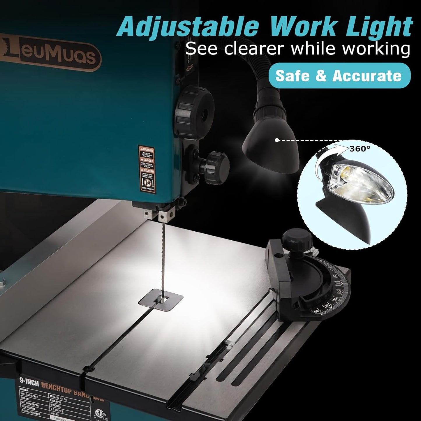 Sierra de cinta de banco LeuMuas 3A de 9 pulgadas con luz de trabajo, motor de inducción de bajo ruido de 2500FPM y 1720RPM, base de acero, mesa de aluminio fundido, sistema de calibre de inglete