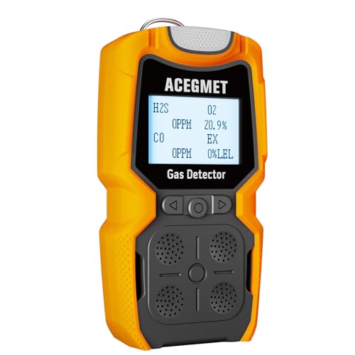 Detector de gas, monitor de gas ACEGMET 4, indicador múltiple (vibración, audible, visual) H2S, O2, CO y LEL 4, monitor de gas recargable personal de 4 medidores de gas, 2 años de vida del sensor de
