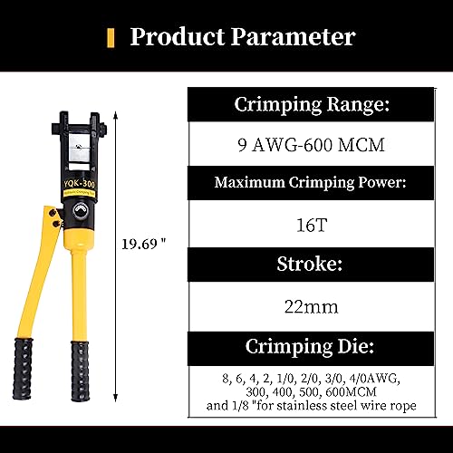 Herramienta de prensado hidráulica de 16 toneladas, gama de 9 AWG-600 MCM herramienta de prensado de barandilla de cable de 2,2 cm de carrera con 13 pares de juegos de troqueles para bricolaje, reparación automática