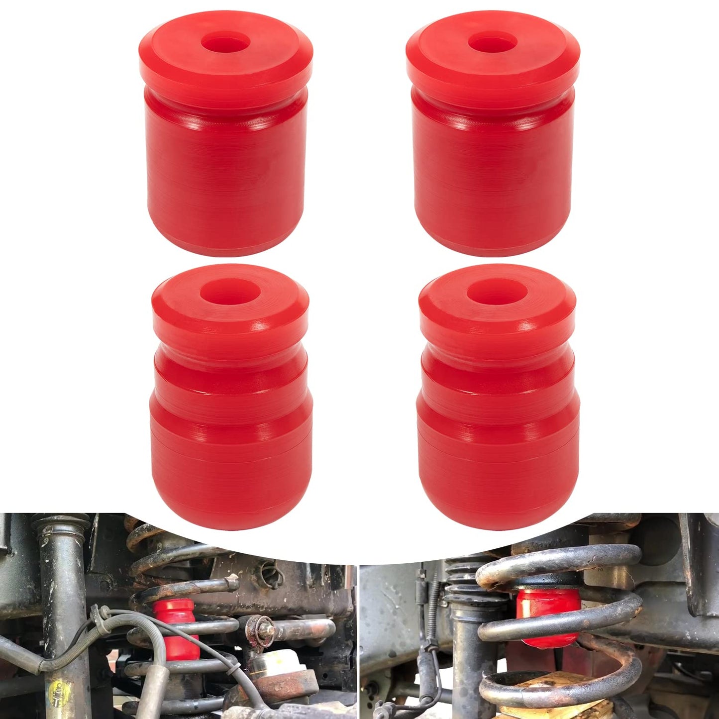 Bonbo - 4 piezas mejoradas 1-1303 Bump Stop & 1-1304 Bump Stop Poliuretano delantero y trasero para Jeep Wrangler JK JKU Sport Rubicon Sahara Freedom Unlimited 2007-2018