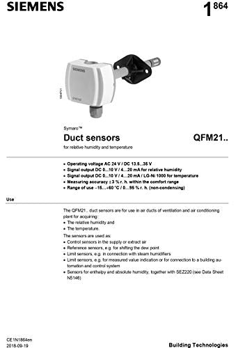 Siemens Sensor de conducto de temperatura y humedad QFM2160 (rango de temperatura: 32.0 °F a 122.0 °F) para sistemas de aire acondicionado y ventilación, HVAC, automóviles por Siemens Modelo: QFM2160