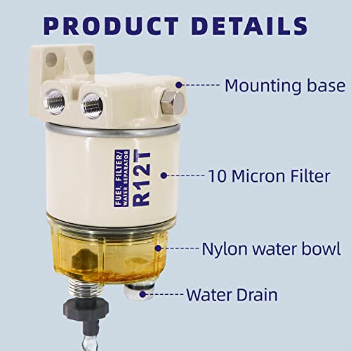 KIPA R12T Filtro de combustible Separador de agua 120AT NPT ZG1/4-19 con accesorio Filtro combinado completo para automotriz Racor R12T Motor diesel marino de 10 micrones 3/8 pulgadas NPT Motor fuera