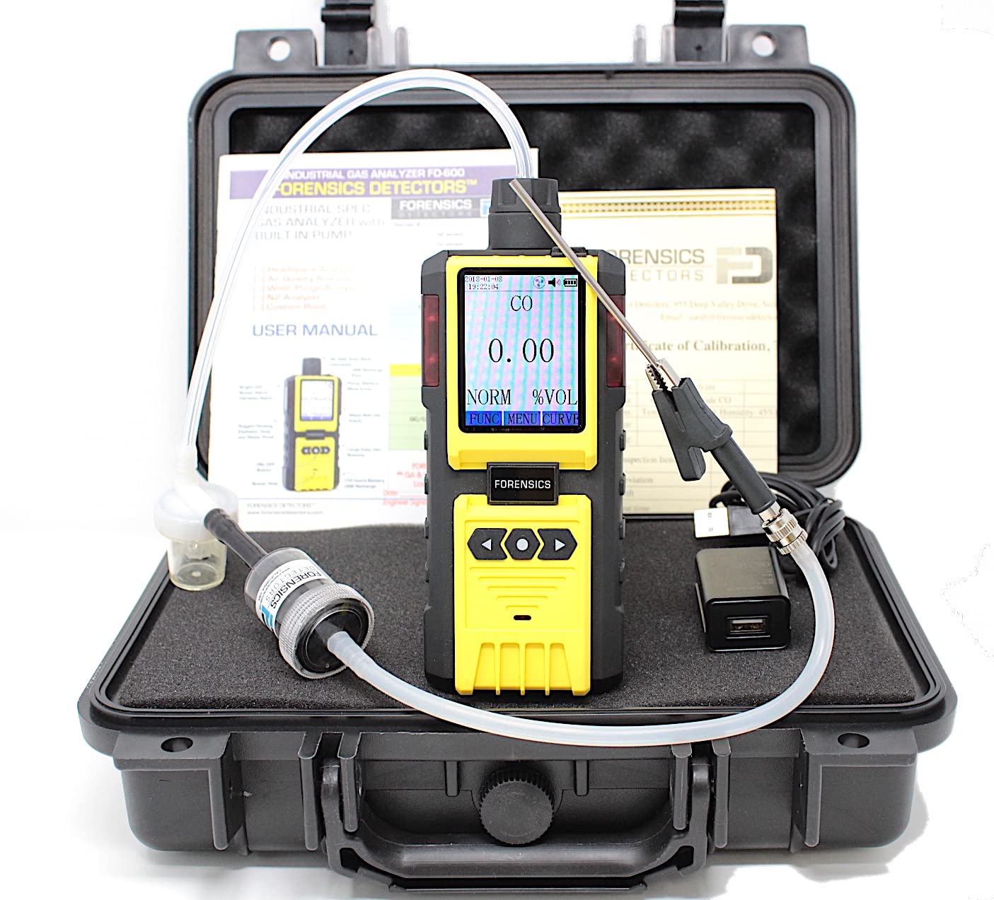 Analizador de gases de escape Monóxido de carbono por detectores forenses | Motocicleta, carretilla elevadora, automoción, motor pequeño | Calibración y certificado NIST de EE. UU. | Sonda, trampa de