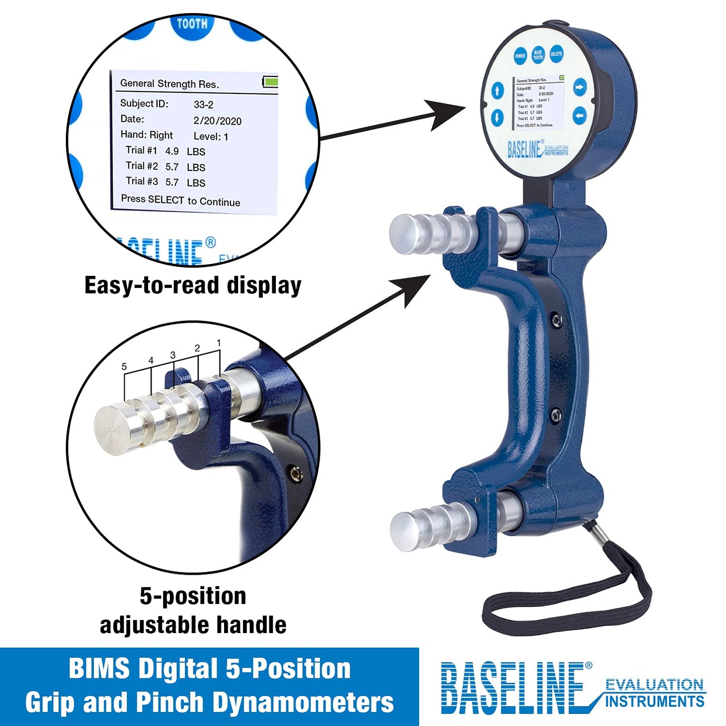Baseline BIMS Dinamómetro de mano digital de 5 posiciones para pruebas de fuerza de agarre y evaluación de terapia de manos profesional, fisioterapia, entrenamiento atlético, rehabilitación