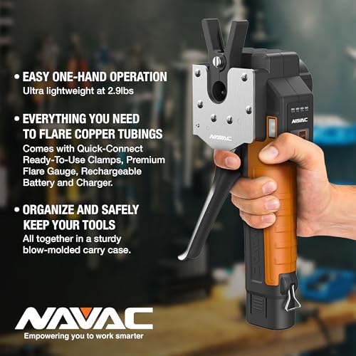 NAVAC NEF6LM Herramienta de abocinación eléctrica BreakFree, herramienta de llamarada para tubería de cobre, diámetro exterior máximo de 3/4 pulgadas, troqueles y medidor de llamarada, batería de