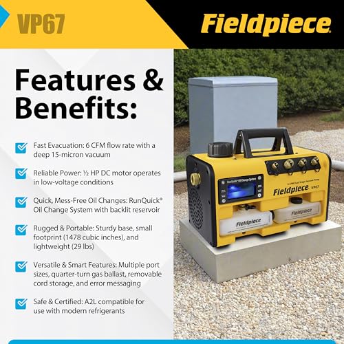 Fieldpiece Bomba de vacío VP67 – 6 CFM, motor CC de 1/2 HP, sistema de cambio de aceite RunQuick – Portátil – Herramienta profesional HVAC – Compatible con A2L