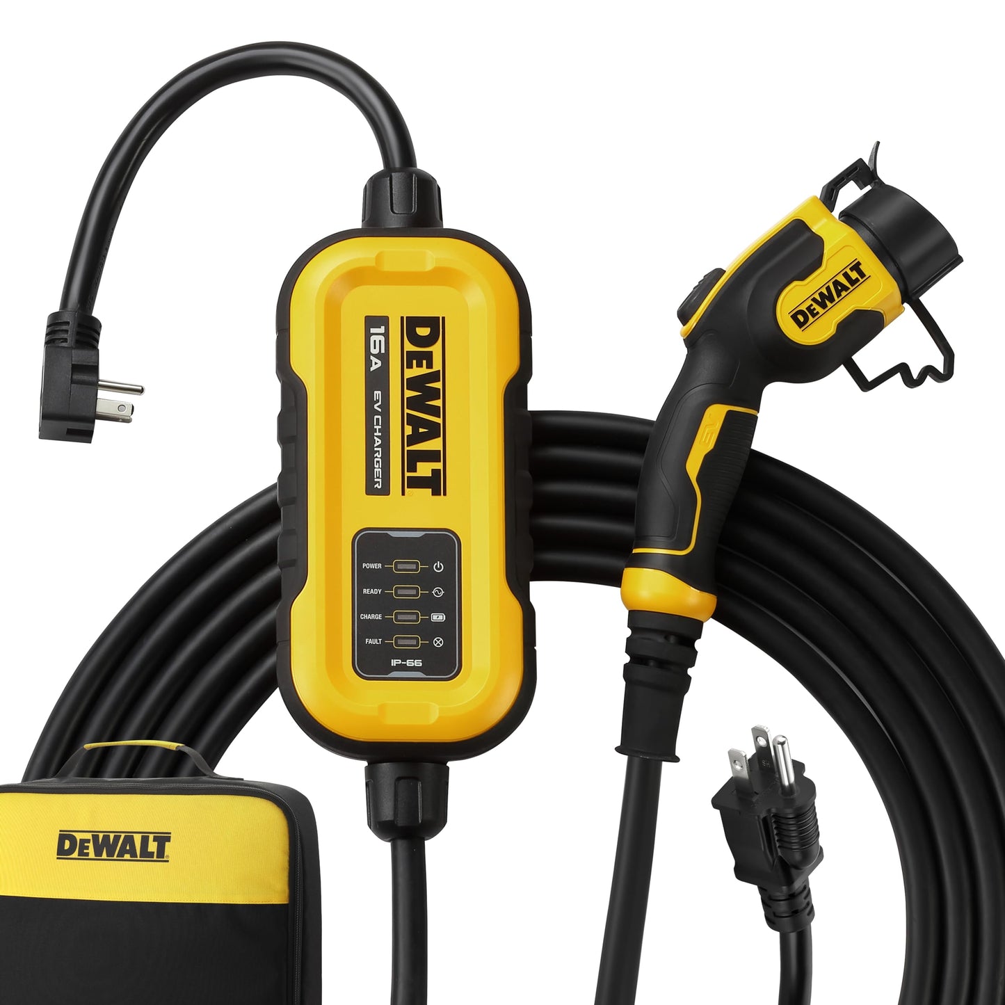 DEWALT Cargador portátil de nivel 2 para vehículos eléctricos de hasta 16 amperios 120-240 V, certificado CSA para interiores y exteriores, NEMA 6-20 con adaptador 5-15 incluido, cable de 25 pies