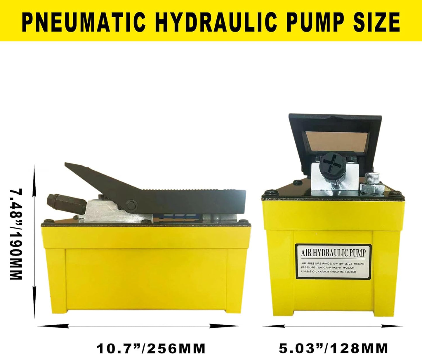 XFPC Bomba hidráulica de aire 10,000 PSI, depósito de 1,7 L, salida de aceite NPT de 3/8 pulgadas, entrada NPT de 1/4 pulgadas, bomba hidráulica de aire hidráulica, amarillo