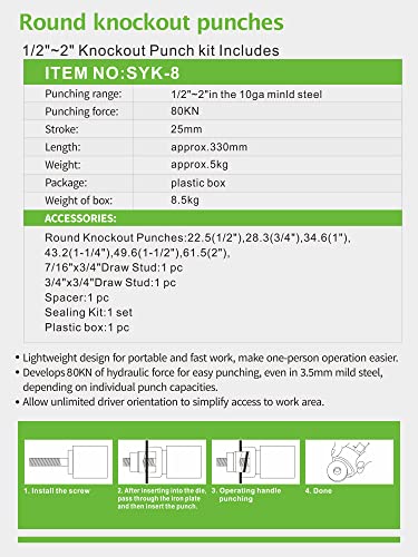 AMZCNC - Kit de herramientas de perforación hidráulica de 8 toneladas a 2 pulgadas con 6 agujeros de troquel, herramienta completa de corte de orificio de conducto eléctrico (8T (1/2 "~ 2")