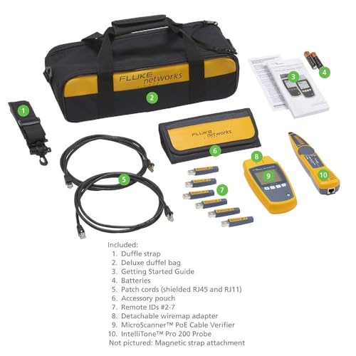 Fluke Networks MS-POE-KIT MicroScanner Copper Cable Verifier & PoE tester for RJ-rt Category 5-6A Ethernet Cables, Includes IntelliTone Pro 200 & Remote ID Kit