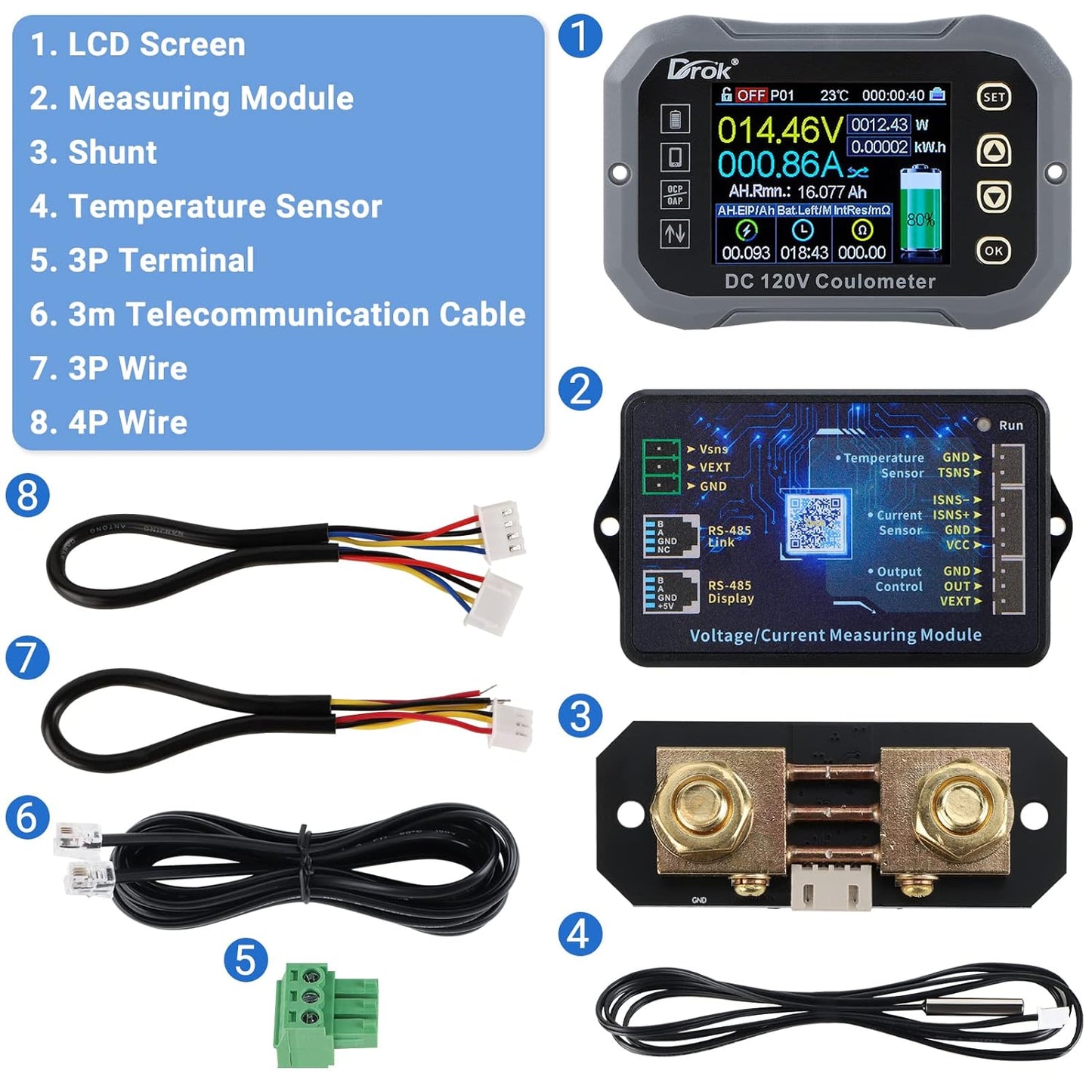 DROK - Multímetro de carga y descarga, 0-120 V 100 A CC voltímetro acoplador, control de aplicación de teléfono celular, monitor de batería LCD, voltaje, temperatura, capacidad de potencia, monitor de
