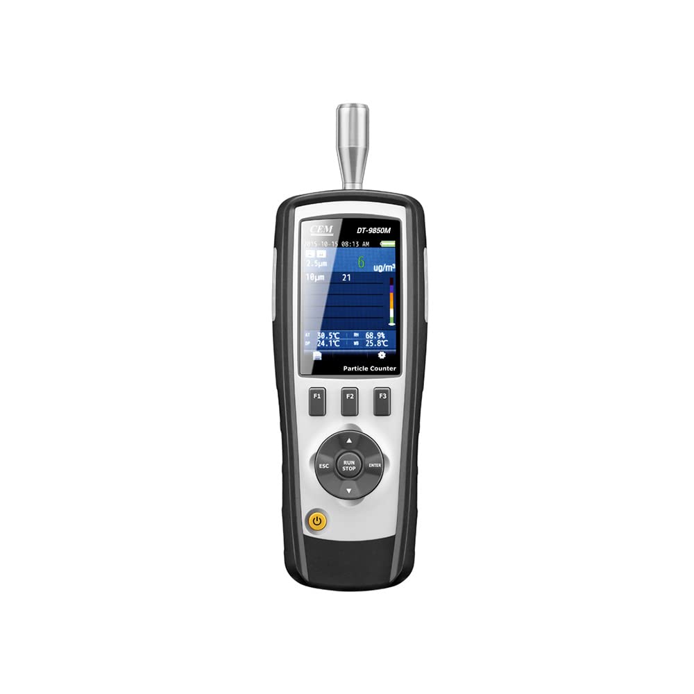 CEM Partícula de aire DT-9850M PM2.5/10 (0.3,2.5,10μm) con pantalla LCD a color TFT de 2,8 pulgadas compatible con fotos y cámara, temperatura y humedad, taller y hospital sin polvo, etc