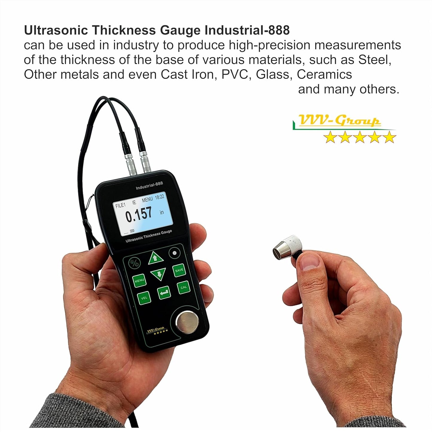Medidor de espesor ultrasónico Industrial-888 / Modo Eco-Echo mide a través del recubrimiento de hasta 19.685 mils (500 micras) / Rango de 0.039-19.685 pulgadas (todo el material)