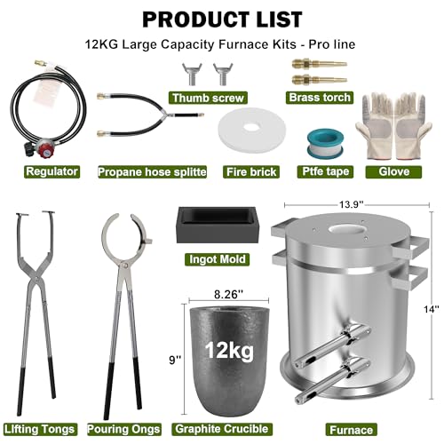 Nelyrho Kit de horno de fundición de propano de 26.5 lbs con 2 pinzas de crisol, horno de fundición de acero inoxidable completo para fundición de oro, plata, cobre, aluminio, metal, reciclaje