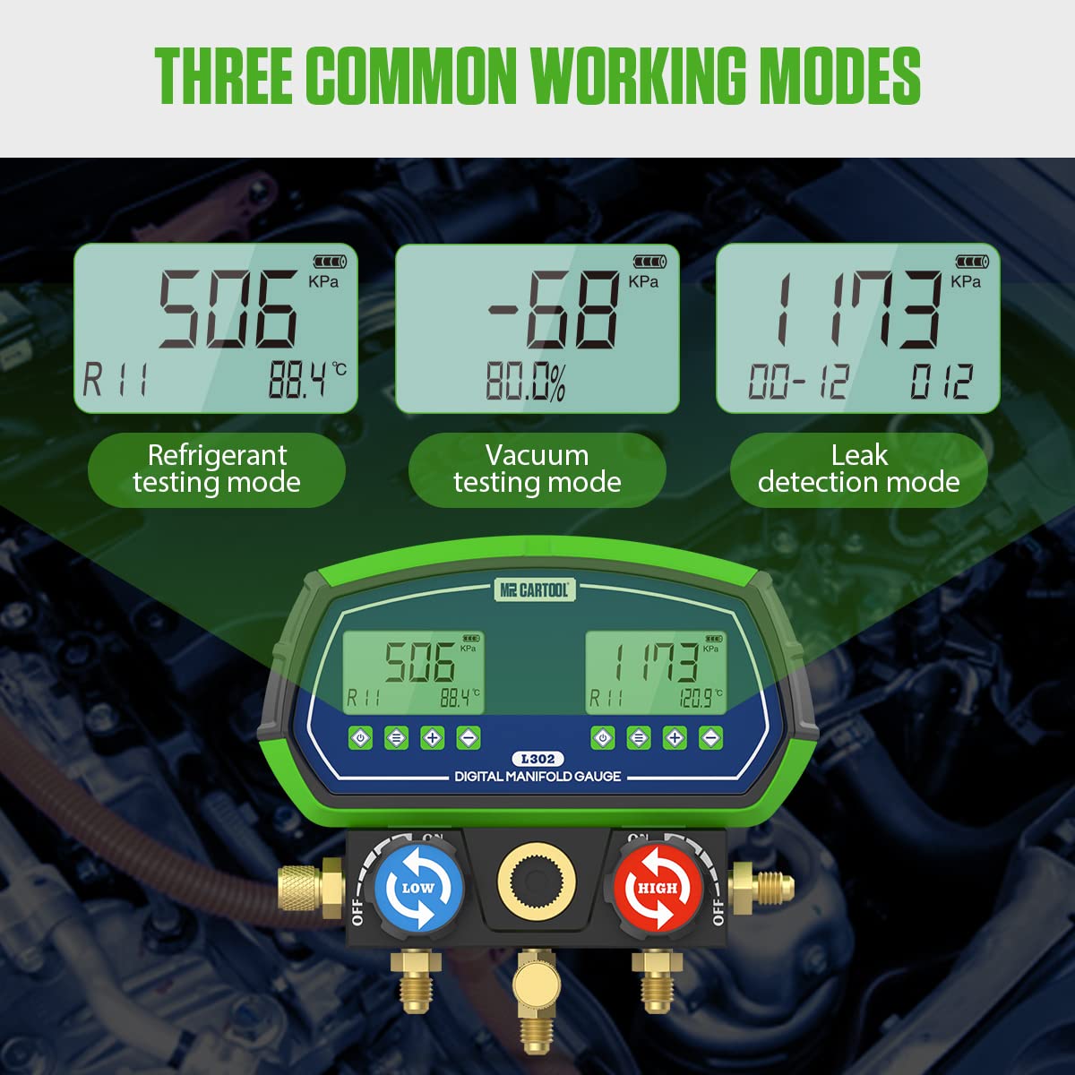 MR CARTOOL L302 - Juego de medidores digitales de 2 válvulas, sistemas refrigerantes HVAC, herramienta de comprobador de presión de fugas con 3 mangueras para aire acondicionado, refrigeración y