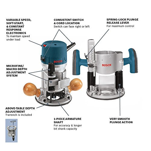 BOSCH 1617EVSPK - Kit combinado de herramientas de enrutador de madera de 12 amperios - Enrutador de inmersión de 2.25 caballos de fuerza y base fija con una velocidad variable