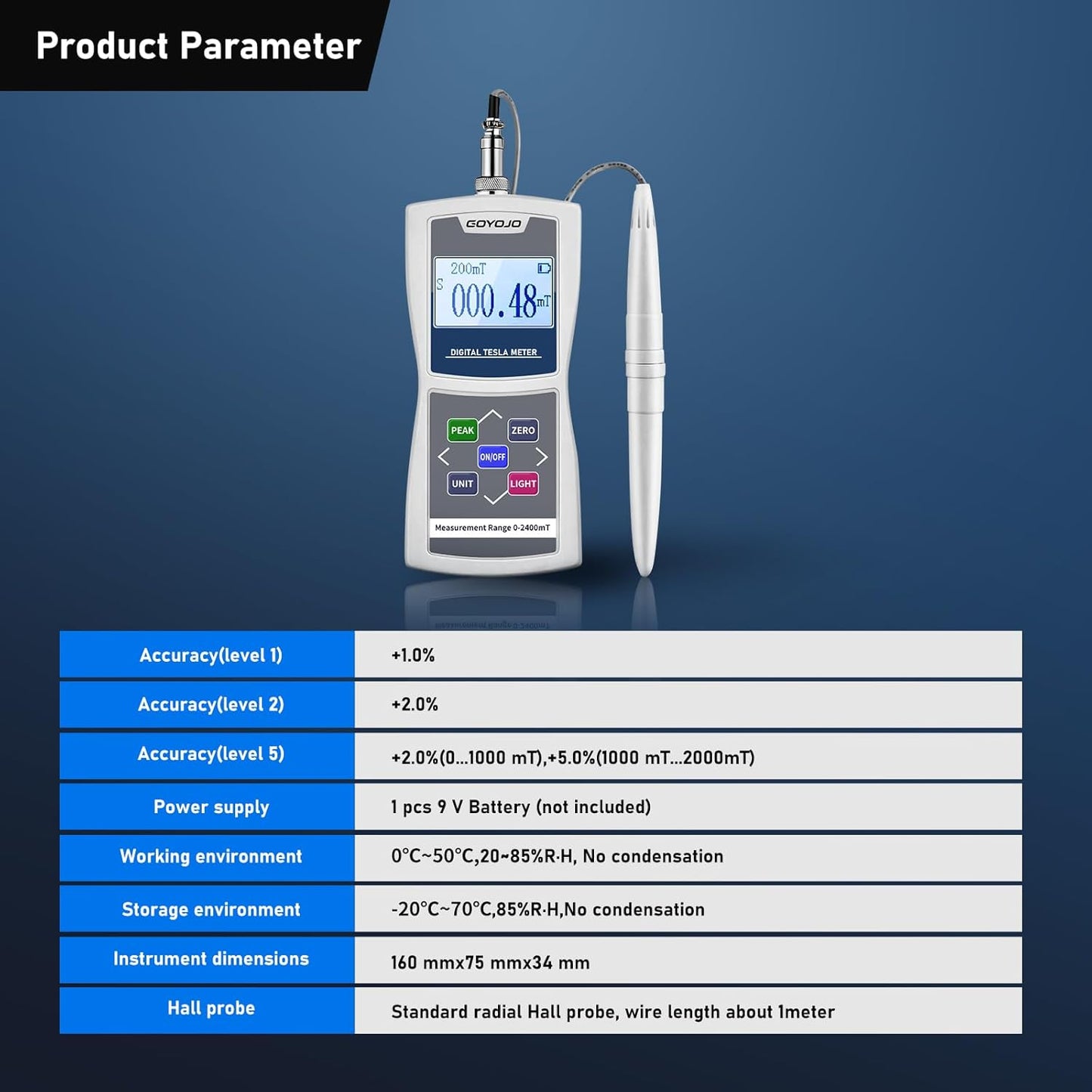 Medidor de Gauss digital portátil 0-2400mT con sonda de metal Probador de campo magnético de superficie de alta precisión Grabación de datos automática/manual Tiene precisión de función N/S ± 5%