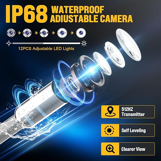 Anysun 9DX1 Cámara de alcantarillado con localizador de 200 pies, cámara de inspección de alcantarillado autonivelante con contador de distancia, cable de 0.276 in de diámetro con carro y ruedas, monitor
