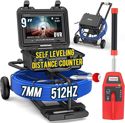 Anysun 9DX1 Cámara de alcantarillado con localizador de 200 pies, cámara de inspección de alcantarillado autonivelante con contador de distancia, cable de 0.276 in de diámetro con carro y ruedas, monitor