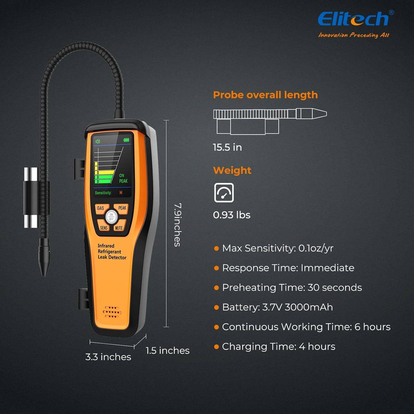 Elitech ILD-300 Detector avanzado de Fugas de refrigerante Probador de halógeno para HVAC CFC Recargables HCFC HFC 10 años de Vida útil