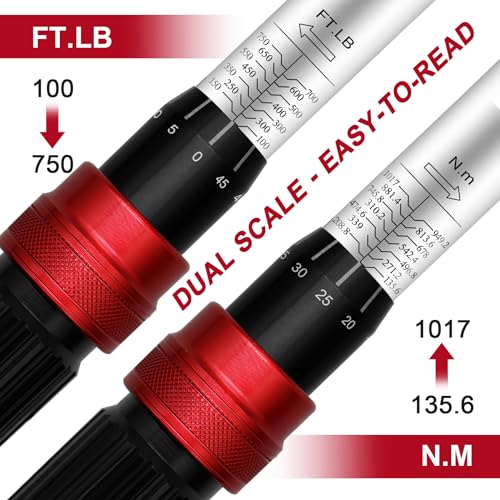 Llave dinamométrica de accionamiento de 3/4 de 3/4 de 100-750 pies, llave dinamométrica ajustable de alta precisión de doble dirección, ± 3% clic con hebilla para equipos todoterreno de