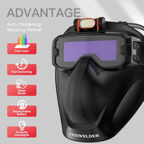 YESWELDER Kit de gafas de soldadura de oscurecimiento automático con máscara, iluminación LED, 2 sensores de arco de color verdadero, sombra ancha 3/5-9/9-13, gafas de soldadura para casco de