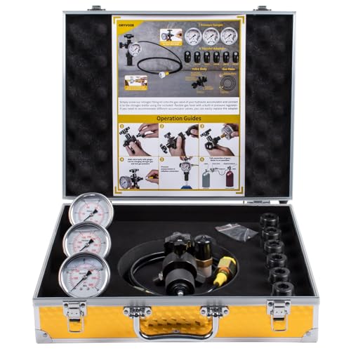Kit de carga de acumulador de nitrógeno hidráulico, sistema de prueba de presión, kit de llenado de nitrógeno, herramientas de carga de gas con 3 indicadores (1500, 3500, 6000 PSI), 8