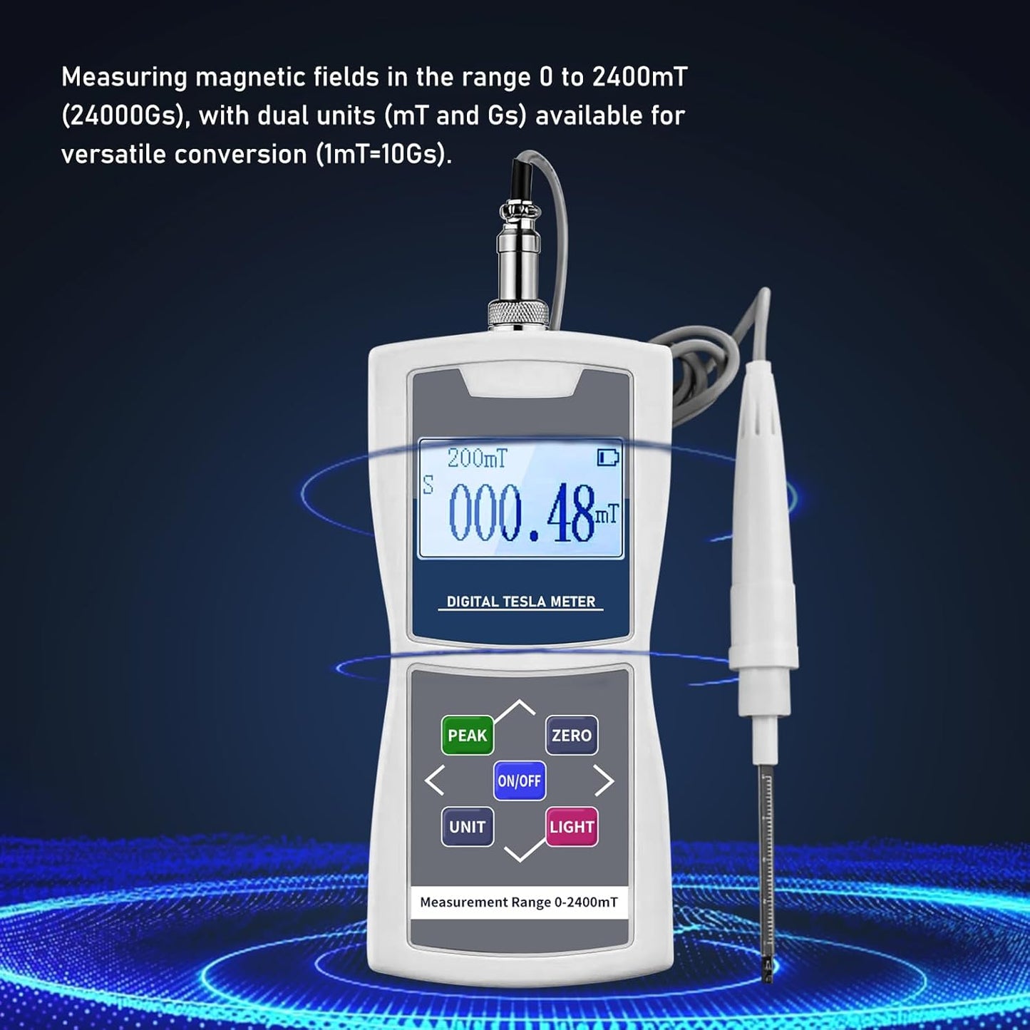 Medidor de Gauss digital portátil 0-2400mT con sonda de metal Probador de campo magnético de superficie de alta precisión Grabación de datos automática/manual Tiene precisión de función N/S ± 5%
