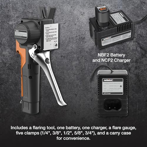 NAVAC NEF6LM Herramienta de abocinación eléctrica BreakFree, herramienta de llamarada para tubería de cobre, diámetro exterior máximo de 3/4 pulgadas, troqueles y medidor de llamarada, batería de