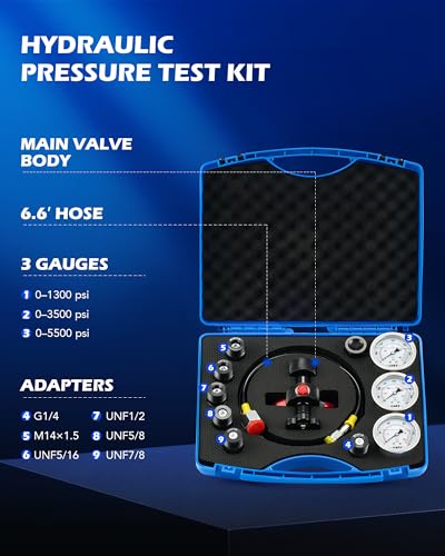 Orion Motor Tech Kit de carga de acumulador de nitrógeno hidráulico, kit de llenado de nitrógeno con 3 indicadores 1300 3500 5500 psi, 6 adaptadores, manguera de gas y cuerpo de válvula principal, kit
